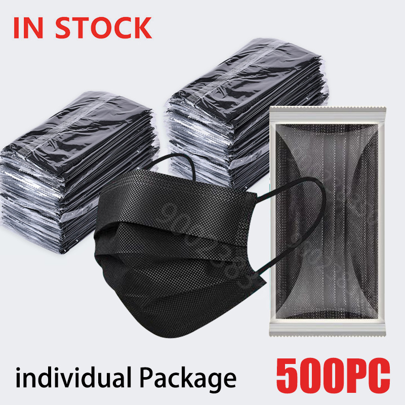 Black Face Mask Pack - 10-500 pces adultos máscara descartável individual